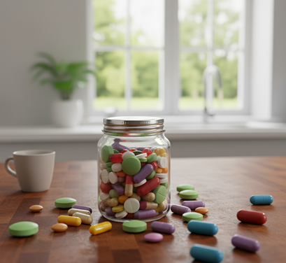 barattolo pieno di compresse colorate